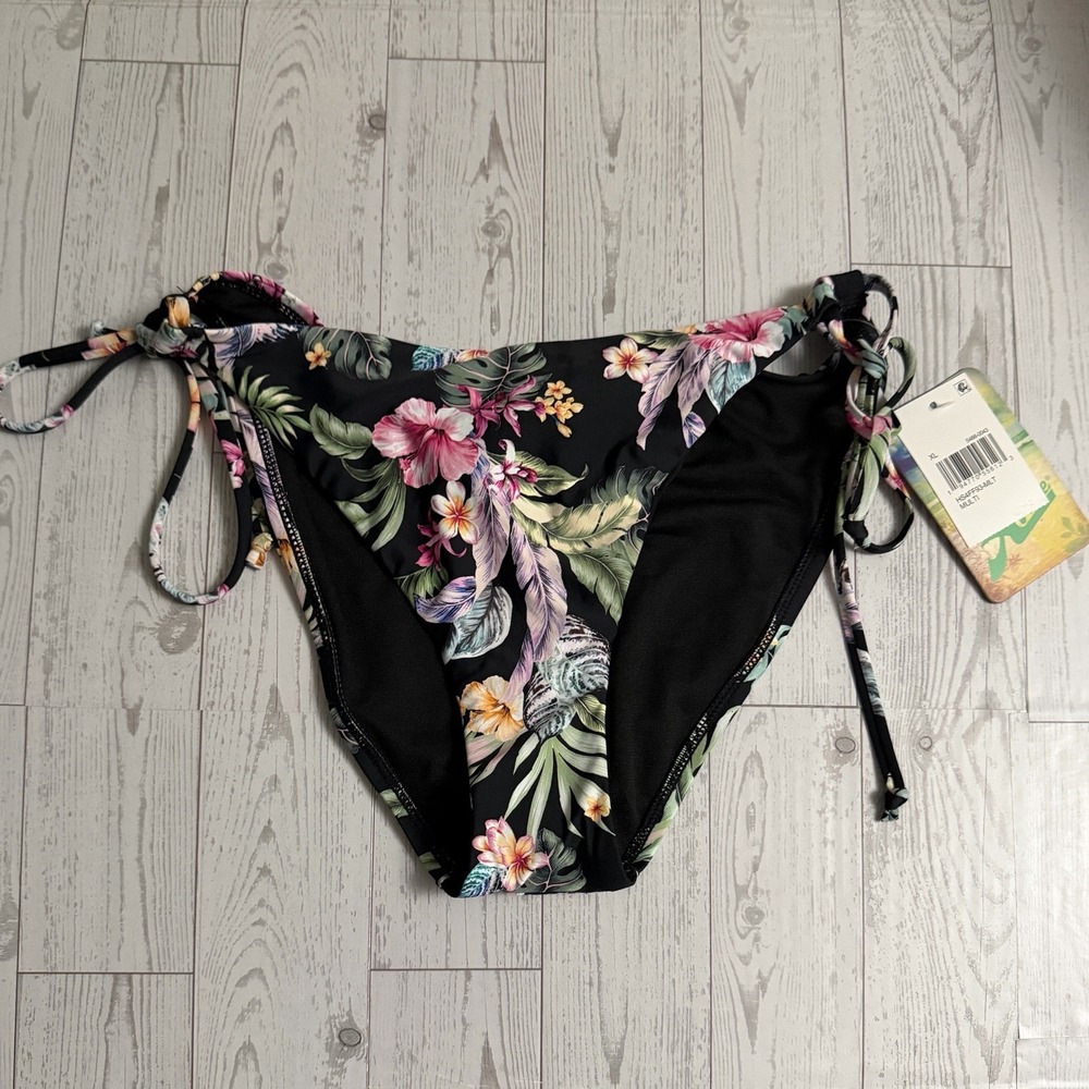 Hobie Hibiscus Luau Loop Tie Bikini‎ Bottoms Size XL Floral Hawaiian Black Pink